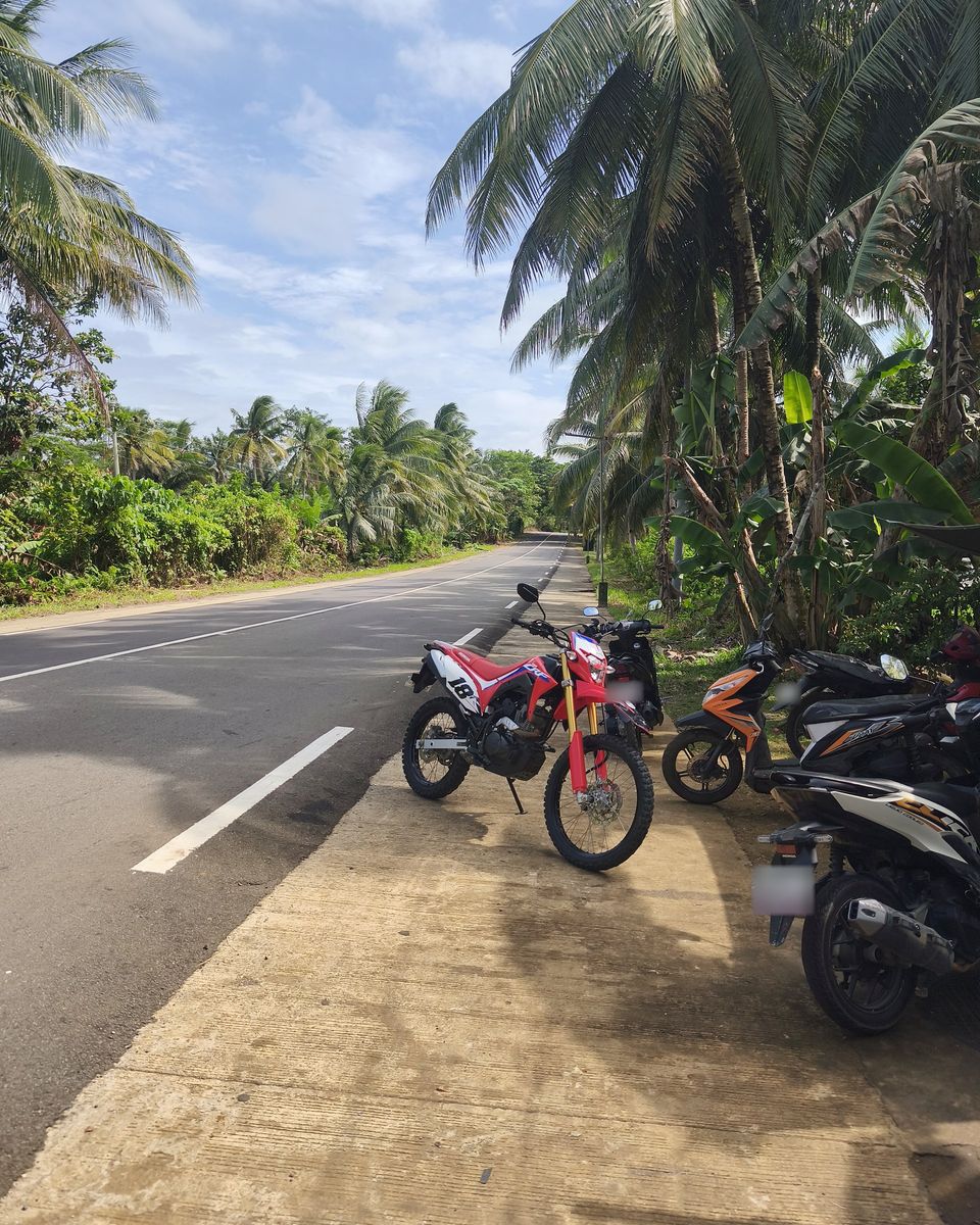 Red Honda CRF150L dirt bike parked beside an empty palm-lined highway in Siargao under a blue sky