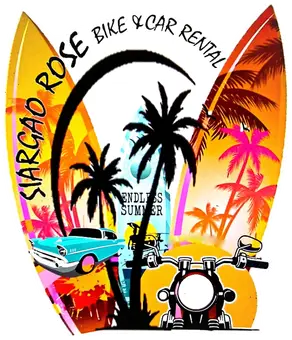 Siargao Rose logo with palm trees, a sunset and a vintage car